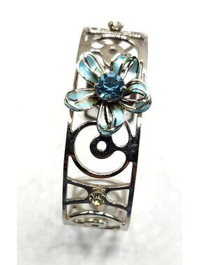 Open Work Silver Tone White Enamel Aqua Crystal Rhinestone Cuff Bracelet